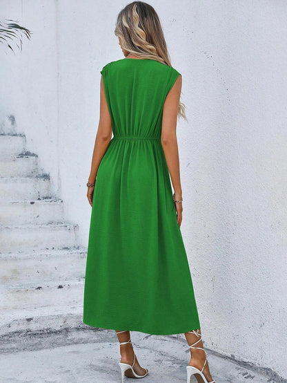 Women's Solid Color A-Line Dress Sleeveless Front Thin Straps Elegant Belted Midi Dress for Summer