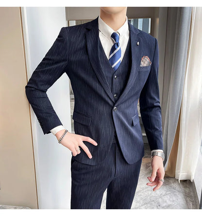 ( Blazer + Vest + Pants ) High-end Formal Casual Business Striped Fashion Men's 3 Piece Suit Groom Wedding Dress Suit
