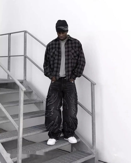 Mens Jeans Y2K Vintage Streetwear Black Wide Leg Denim Pants Ripped Patchwork Raw Hem Distressed Loose Fit Dark Punk Fashion