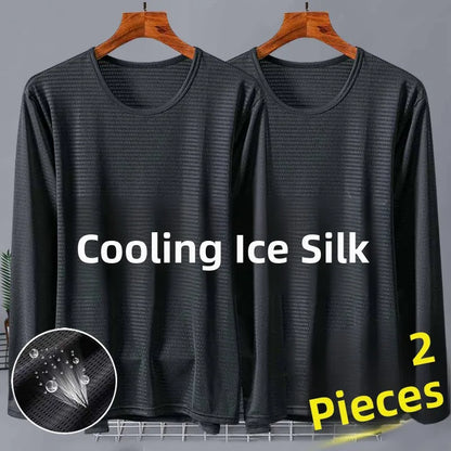 New 2025 Men's Ice Silk Breathable Sun Protection Hollow out Thin Long Sleeve Casual Sports T-Shirt Large Size Loose Fit