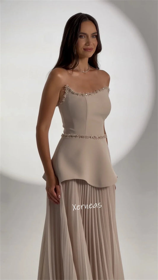 Customized Jersey Sequined Pleat Strapless A-line Long Dresses Bespoke Occasion Zip Prom Party Gown Exquisite Sparkle Evening