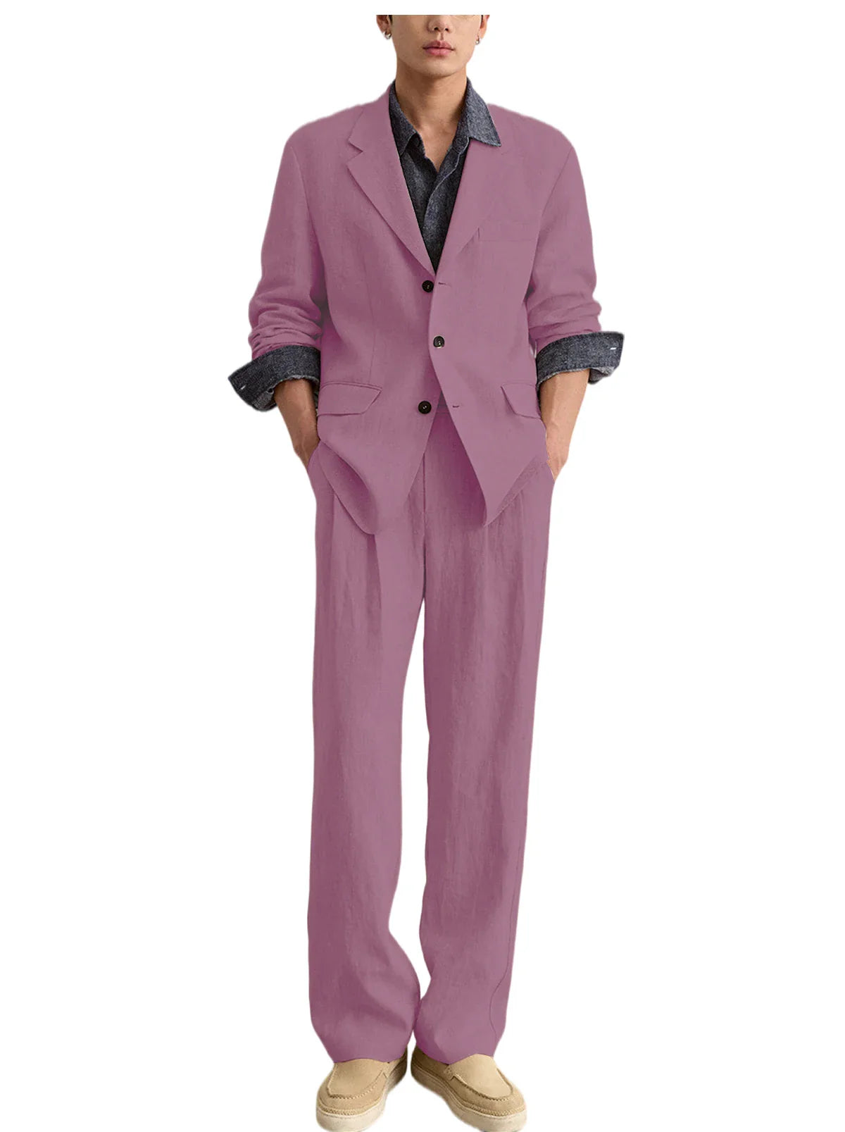 Men's Linen 2 Piece Set Notched Lapel Loose Fit Blazer Wide Leg Trousers Lightweight Breathable Spring Business Casual DailyWear