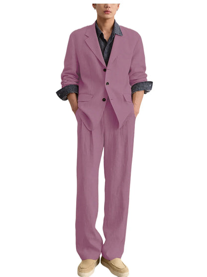 Men's Linen 2 Piece Set Notched Lapel Loose Fit Blazer Wide Leg Trousers Lightweight Breathable Spring Business Casual DailyWear