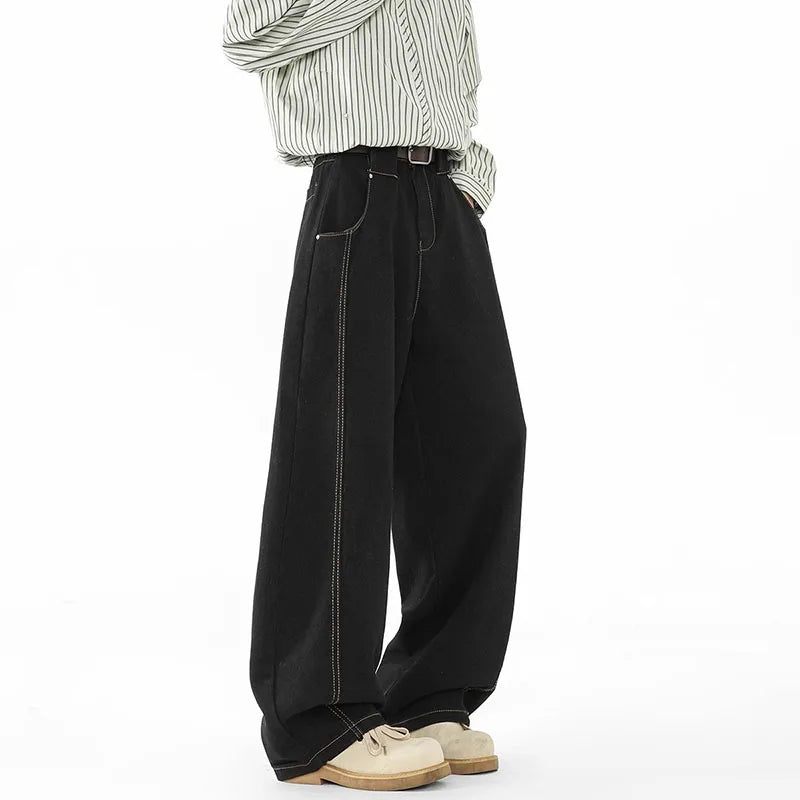 Japanese Korean Casual Black Straight Leg Jeans Men'S Spring Autumn Jeans High Street Loose Pants Wide Leg Pants