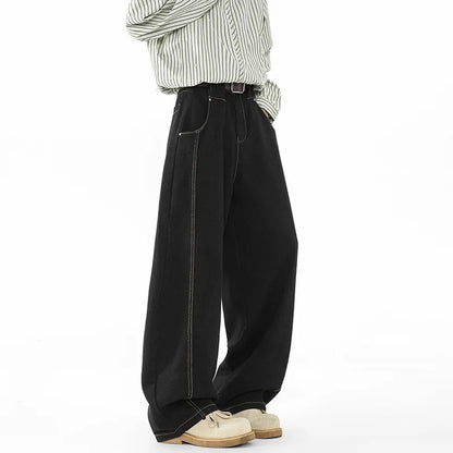 Japanese Korean Casual Black Straight Leg Jeans Men'S Spring Autumn Jeans High Street Loose Pants Wide Leg Pants