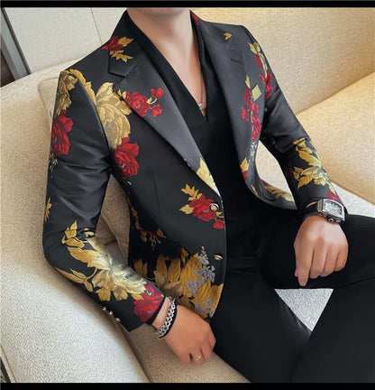 New Men Embroidered Jacquard Slim Fit Casual Suit Jacket Formal Prom Party Stage Costume Man Tuxedo Gentleman Blazers Suit Tops