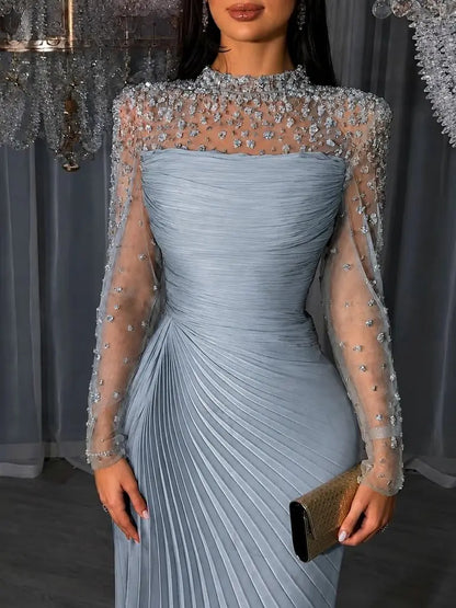 Women'S Formal Evening Gowns Customize Scoop Neck Beading Luxury Evening Dresses Long Sleeves Straight Floor-Length