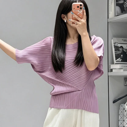Miyake Pleated Top 2026 New Round Neck Short Sleeve Batwing T-Shirt Women Summer Lightweight Vacation Travel Women's Clothing