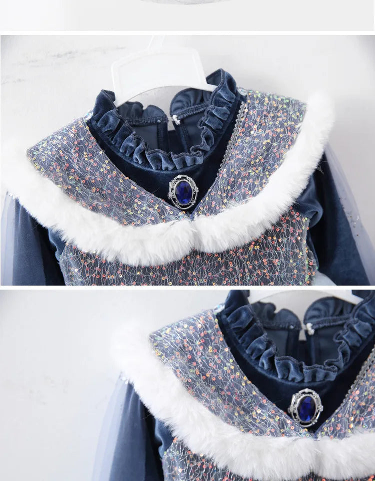 Girls' Spring 2026 New Velvet Elsa Frozen Princess Dress Kids Blue Cape 2 Piece Set Warm Dresses For Girl Party 3-9 Years Old ﻿