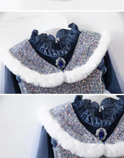 Girls' Spring 2026 New Velvet Elsa Frozen Princess Dress Kids Blue Cape 2 Piece Set Warm Dresses For Girl Party 3-9 Years Old ﻿