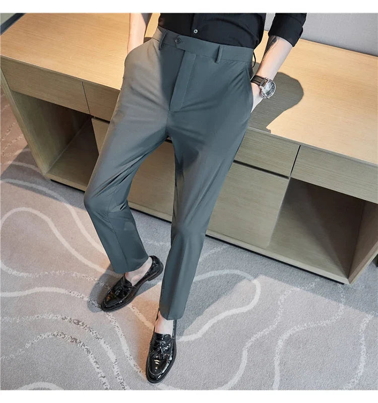 Mens Dress Pants Trousers 2025 Summer New Thin Breathable Solid Casual High Elastic Slim Fit Suit Pants Streetwear Men Clothing