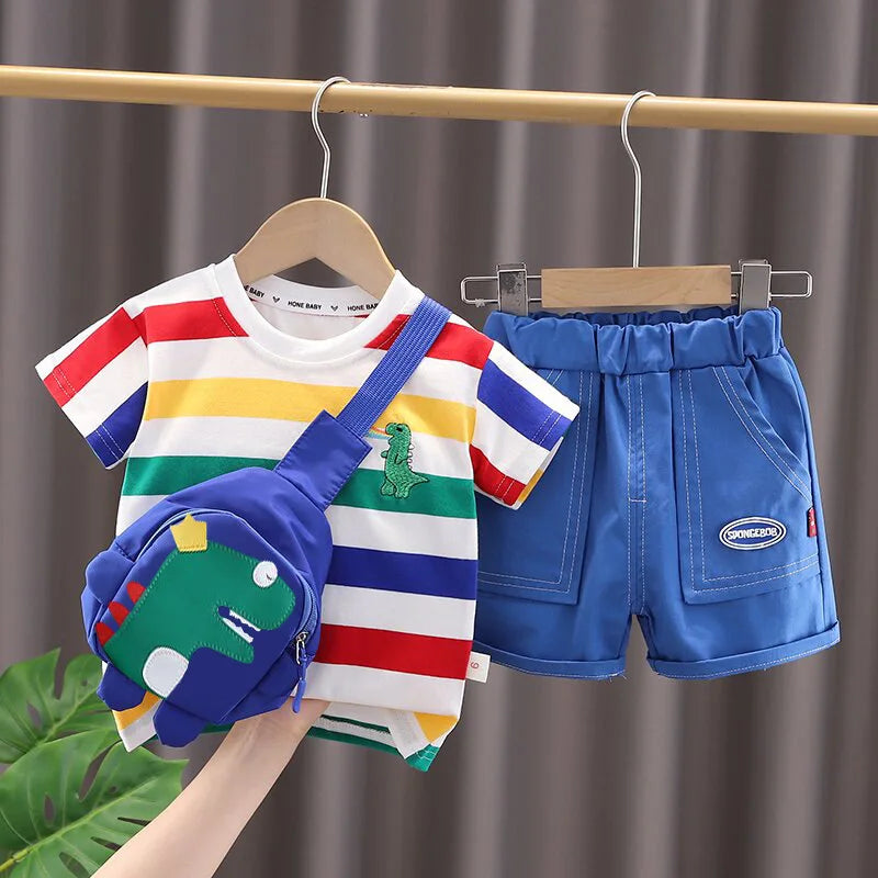 Summer Baby Boys Clothes Set Children Striped Cartoon T-Shirt Pants Bag 3Pcs/Sets Kids Girls Clothing Infant Costume Traksuits