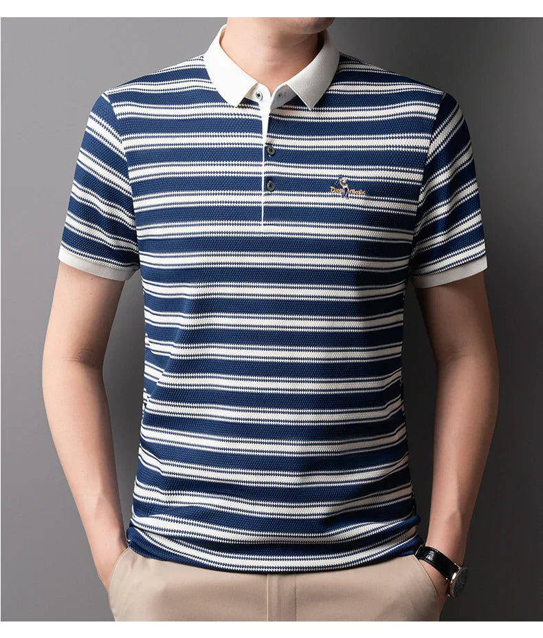 Classic striped men polo shirt summer cool breathable short sleeve fashion brand letter embroidery luxuriou casual lapel T-shirt