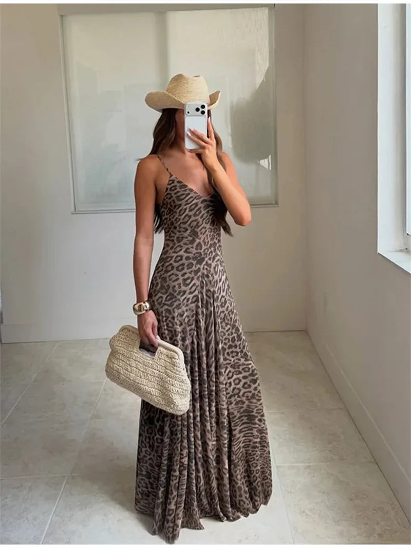 2026 Summer New Women's Dress Leopard Print Spaghetti Strap A-Line Midi Dress Sexy Fashion Wild Individual Style