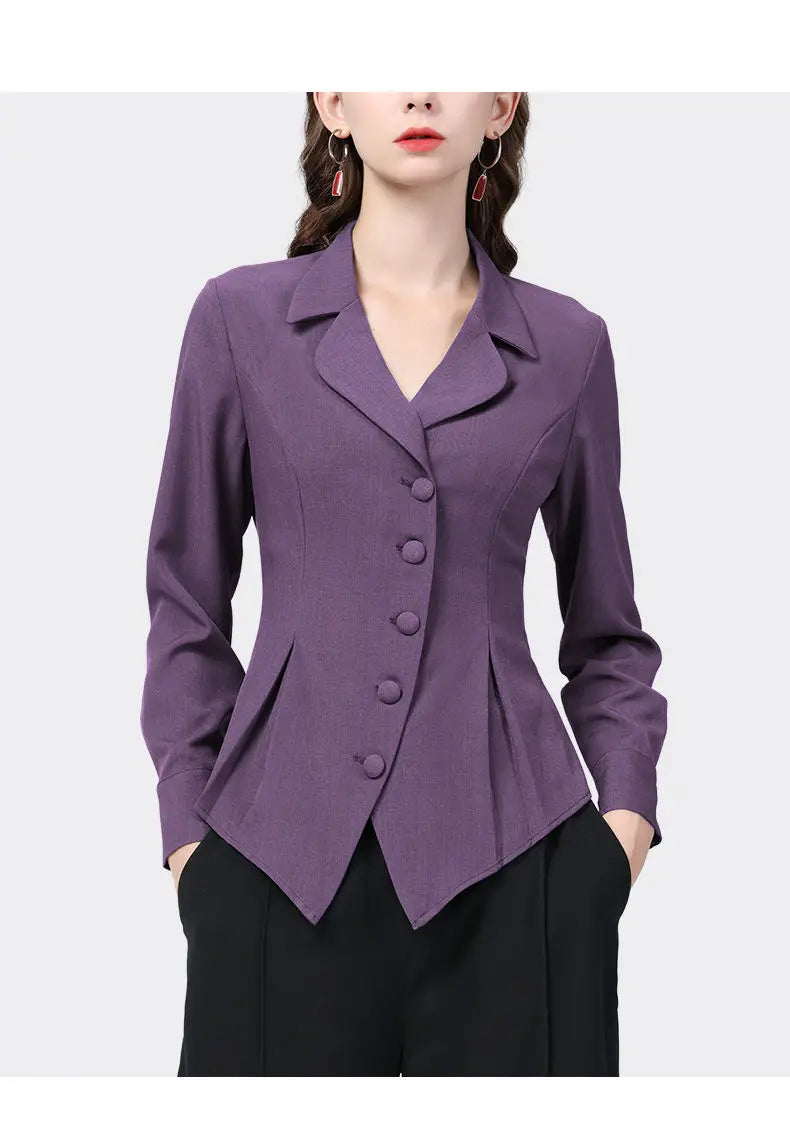 Temperament Skinny Solid Notched Pleated Button Elegant Blazers Graceful Intellectual Women's Clothing 2022 Thin Autumn Winter