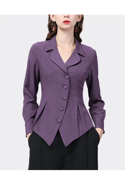 Temperament Skinny Solid Notched Pleated Button Elegant Blazers Graceful Intellectual Women's Clothing 2022 Thin Autumn Winter