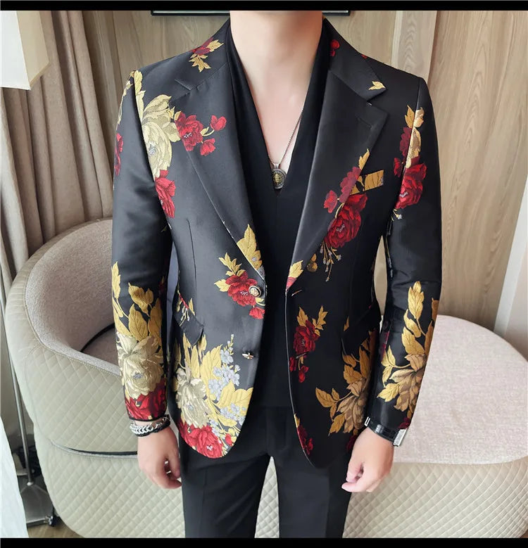 New Men Embroidered Jacquard Slim Fit Casual Suit Jacket Formal Prom Party Stage Costume Man Tuxedo Gentleman Blazers Suit Tops