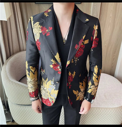 New Men Embroidered Jacquard Slim Fit Casual Suit Jacket Formal Prom Party Stage Costume Man Tuxedo Gentleman Blazers Suit Tops