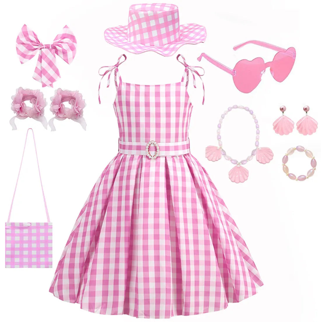 Halloween Hot Movie Barbei Baby Girl Pink Cowboy Look Dress Summer Beach Stripe Cute Sleeveless Plaid Slim Strap Dress Set