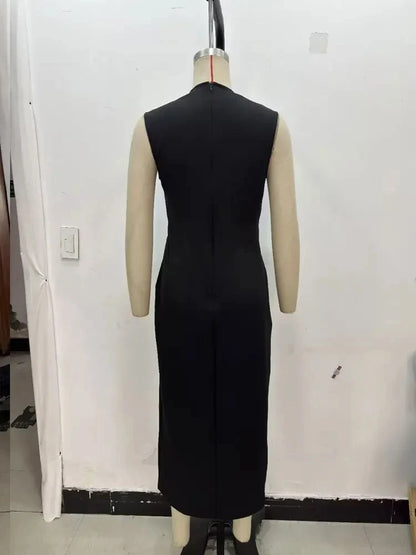 Female Summer Elegant Midi Dress O-Neck Hem Slit With Belt Sleeveless Single Breasted Back Zipper Fashion Long Dress