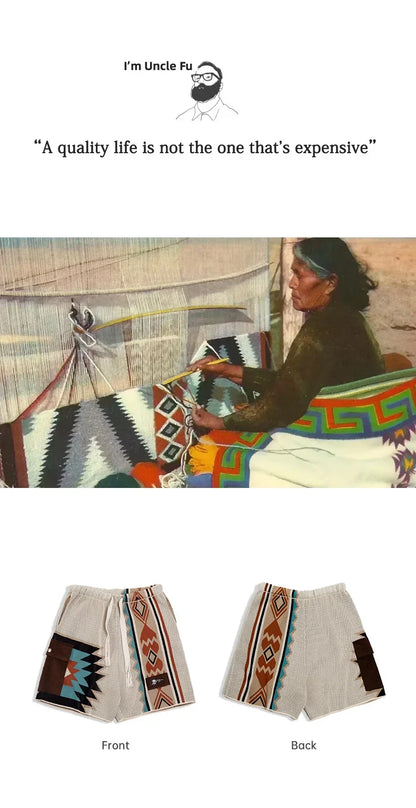 Navajo Totem Knitted Shorts Men's  Elastic Waist Casual Shorts with Corduroy Pocket Summer Beach Breathable Short Pants