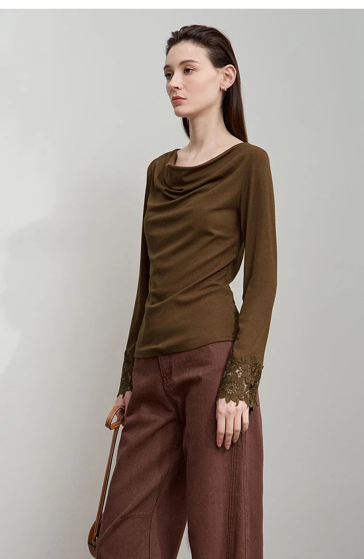 Minimalist Women's Long Sleeve T-Shirt 2025 Autumn Simple Solid Asymmetric Drape Neck Lace Cuffs Tops Casual Tees 12543076