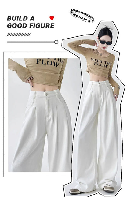 White Thin Pleated High Waist Non-Light Wide Leg Jeans Women's American High-End Loose Straight Lazy Floor-Length Pants