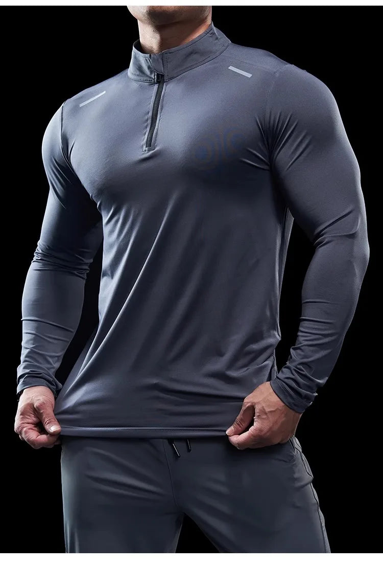 Men Stand Collar Zipper T-shirt Gym Running Training Fitness Bodybuilding Sport Top Quality Elastic Long Sleeve Tight Tops Tees