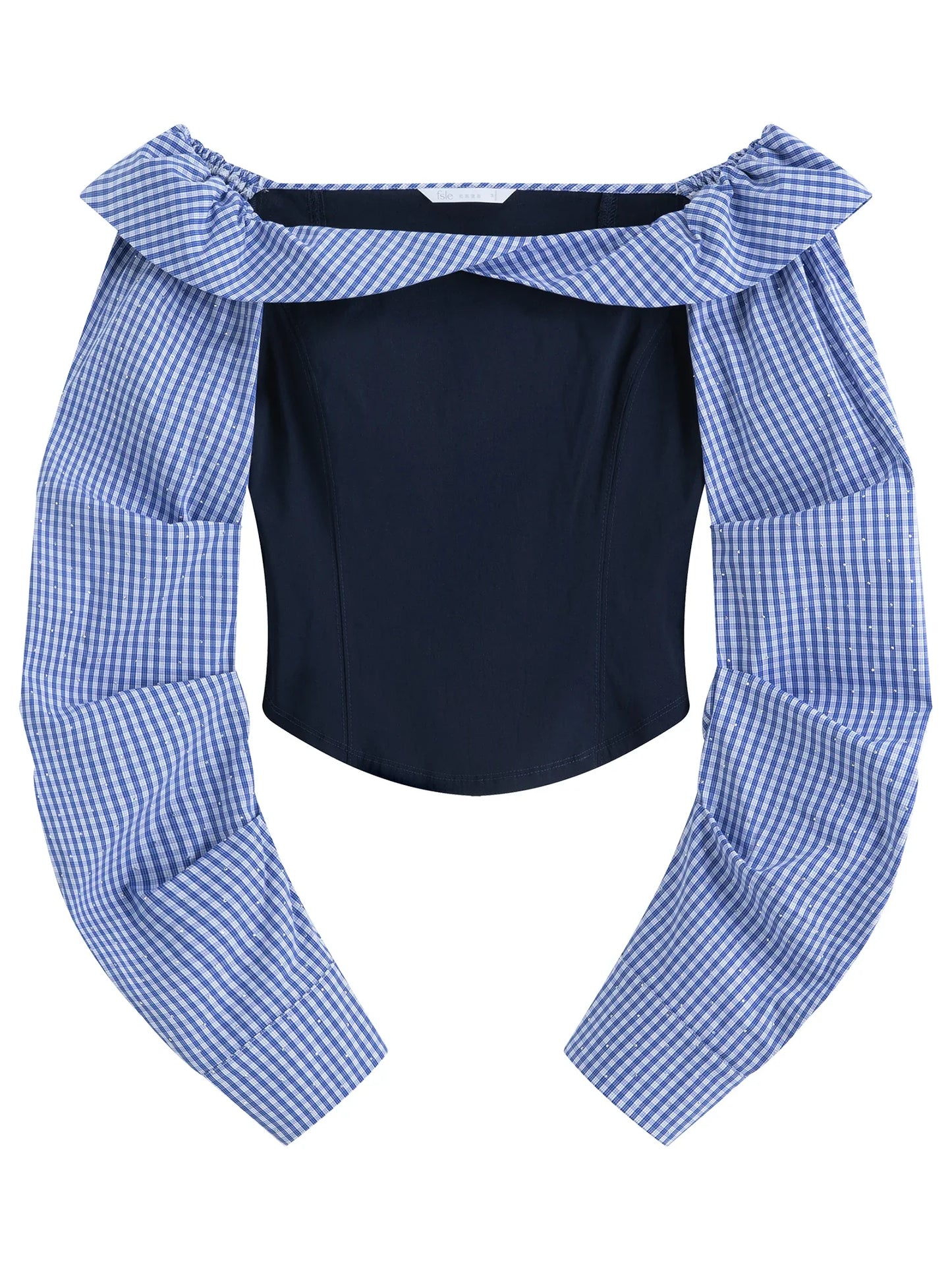 2026 Spring Women's Off-Shoulder Blue Gingham Blouse - Elegant Ruffled Lapel Long Sleeve Top for Office Commute