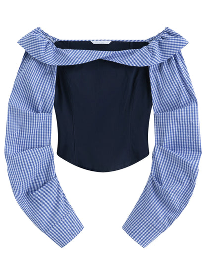 2026 Spring Women's Off-Shoulder Blue Gingham Blouse - Elegant Ruffled Lapel Long Sleeve Top for Office Commute
