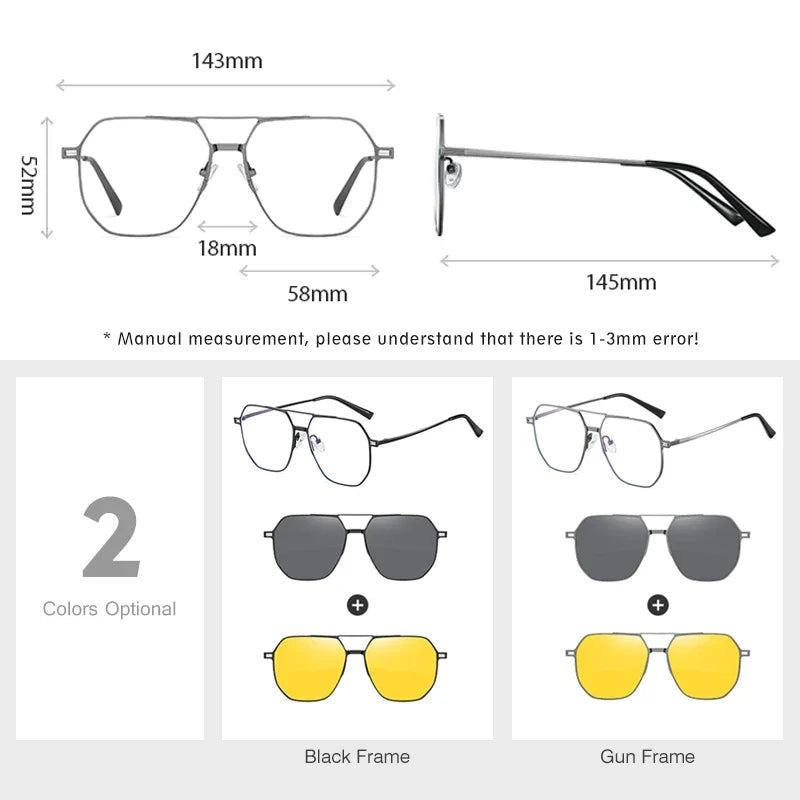 Top Brand Design Sunglasses Men Polarized 3 In 1 Magnetic Clip On Glasses Women Hexagon Night Vision Anti-Blue Light Eyeglass