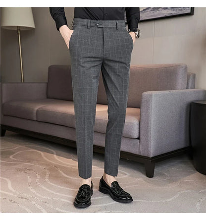 2026 High Quality Men's Plaid Striped Suit Pants Fashion Business Slim Fit Casual Straight Pants Formal Wedding Party Trousers