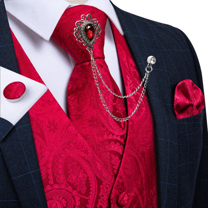 New Teal Green Paisley Formal Dress Vest Men's Suit Vest Waistcoat Tie Brooch Pocket Square Set for Tuxedo