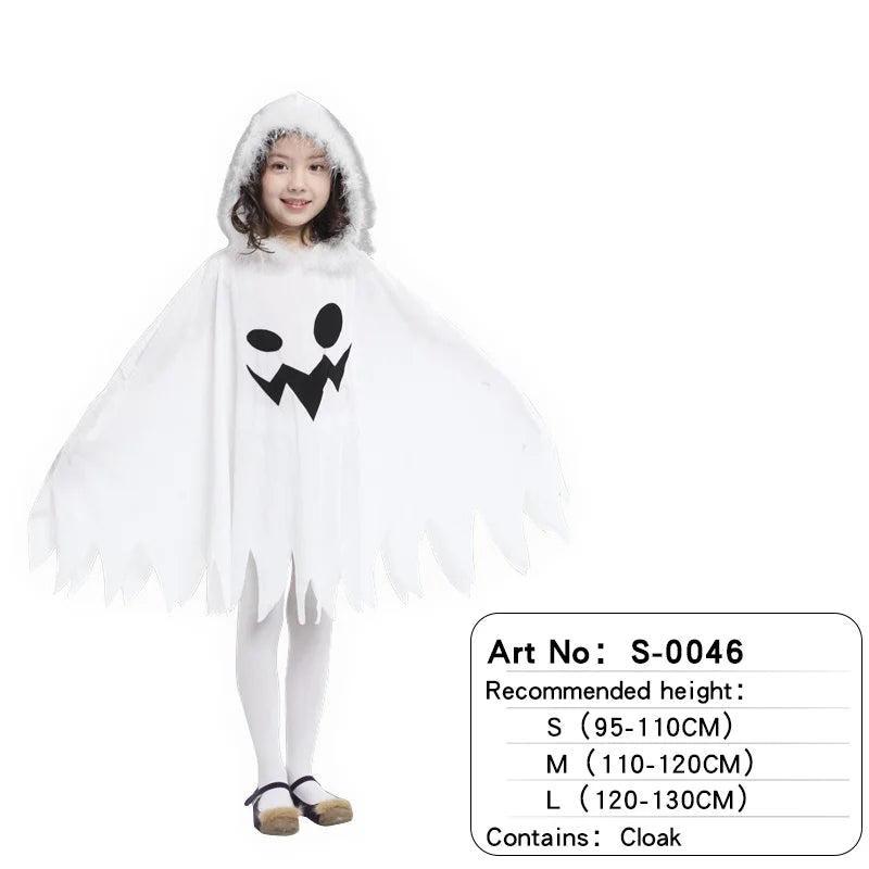 Child Boy Girl Cute White Ghost Demon Glow In The Dark Cape Cosplay Costume Kids Fancy Dress Performance Halloween Theme Party