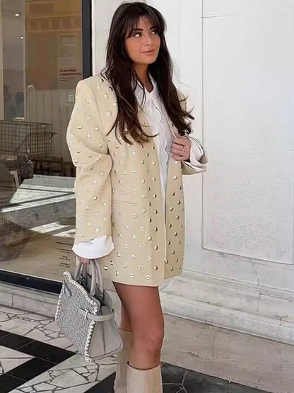 Women's Rivet Decoration Casual Blazer Long Sleeve V Neck Beige Spring Fall Coat