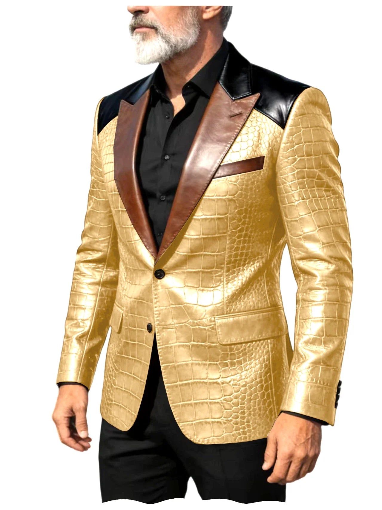 Men's Crocodile Embossed Leather Blazer Luxury Patchwork PU Leather Suit Jacket Slim Fit Peaked Lapel Casual Business Outerwear