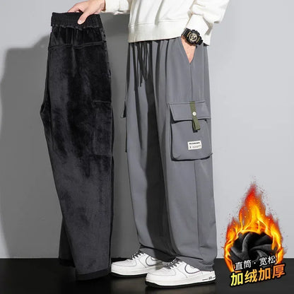 2026 Cargo Pants Men Straight Fit Wide Leg Fleece Lined Trouser Male Winter Fashion Loose Baggy Large Plus Size Warm Streetwear
