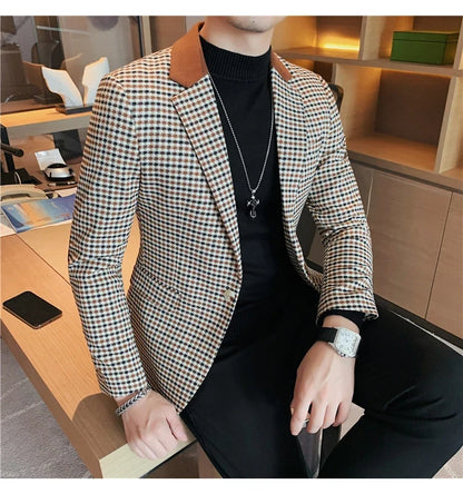 2024 Autumn Winter Korean  Houndstooth Blazer Jackets Fashion Color Matching Lapel Design Casual Men's Plaid Suit Coat Tuxedo