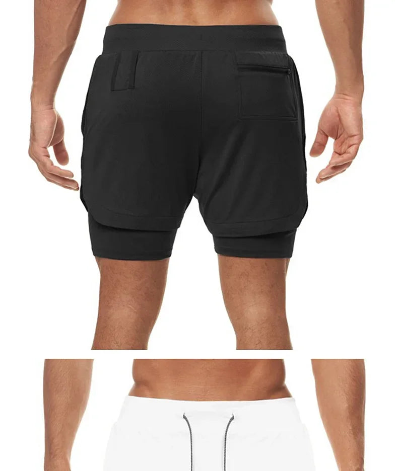 Men's 2 in 1 Double-deck Gym Shorts Quick Dry Summer Running Workout Shorts Zipper Pockets Slim Fit Fitness Training Short Pants