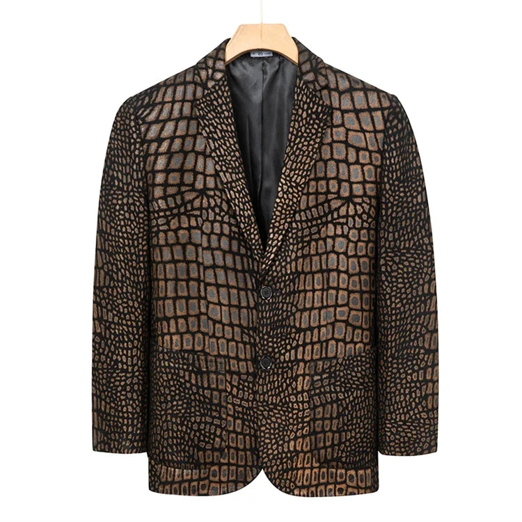 Luxurious Sheepskin Blazers For Men Smooth Casual Leather Jacket Winter Top Quality Leopard Print Slim Gentleman Terno Masculino