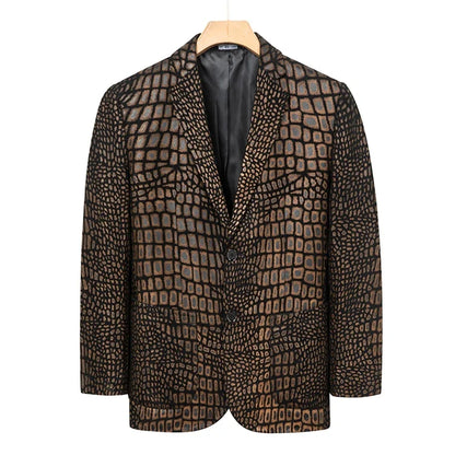 Luxurious Sheepskin Blazers For Men Smooth Casual Leather Jacket Winter Top Quality Leopard Print Slim Gentleman Terno Masculino