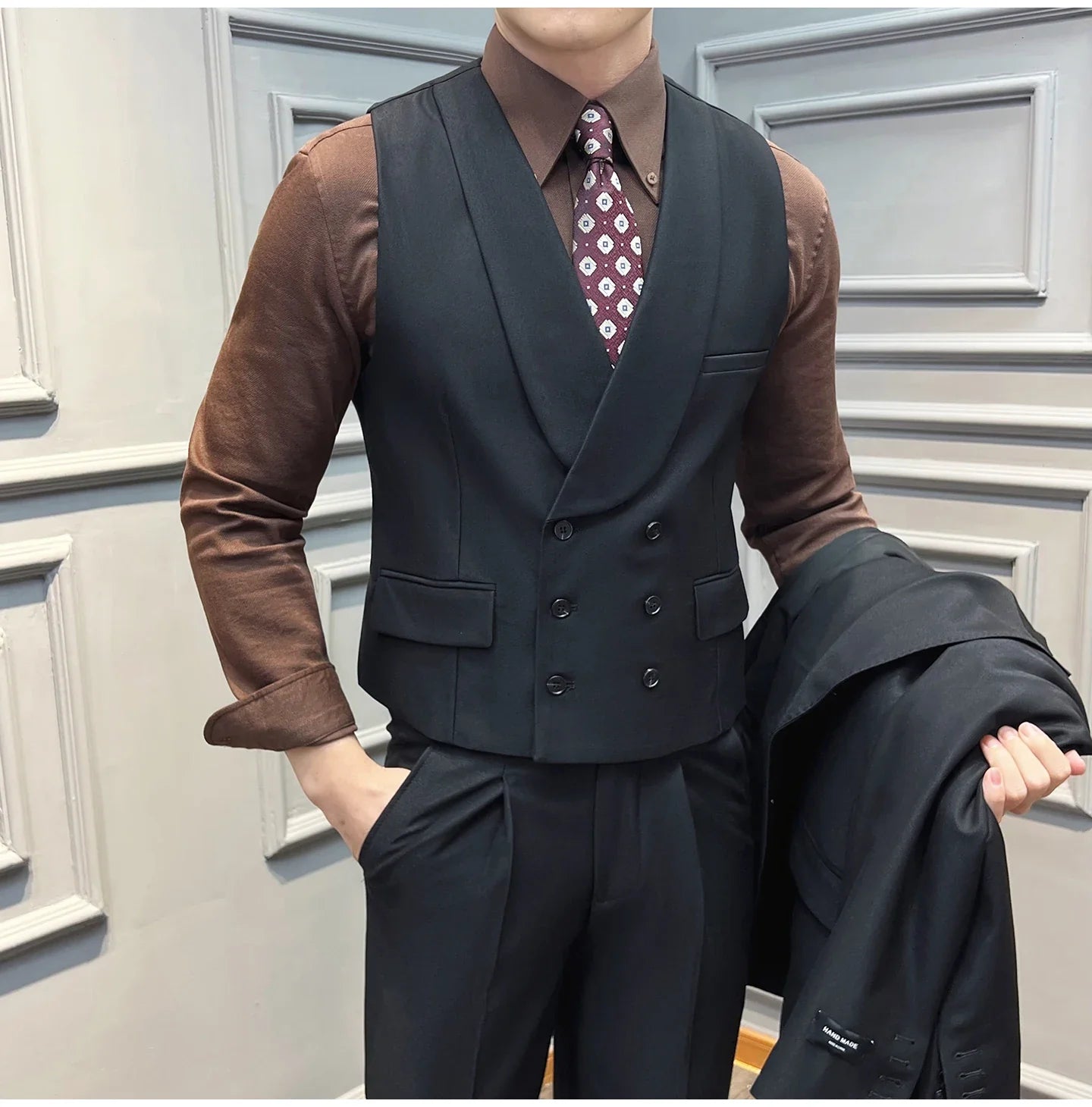 ( Vest + Pants) High-end Brand Solid Color Suit Vest 2 pieces Men Luxury Double Breasted Design Fashion Vest Set Club Clothing