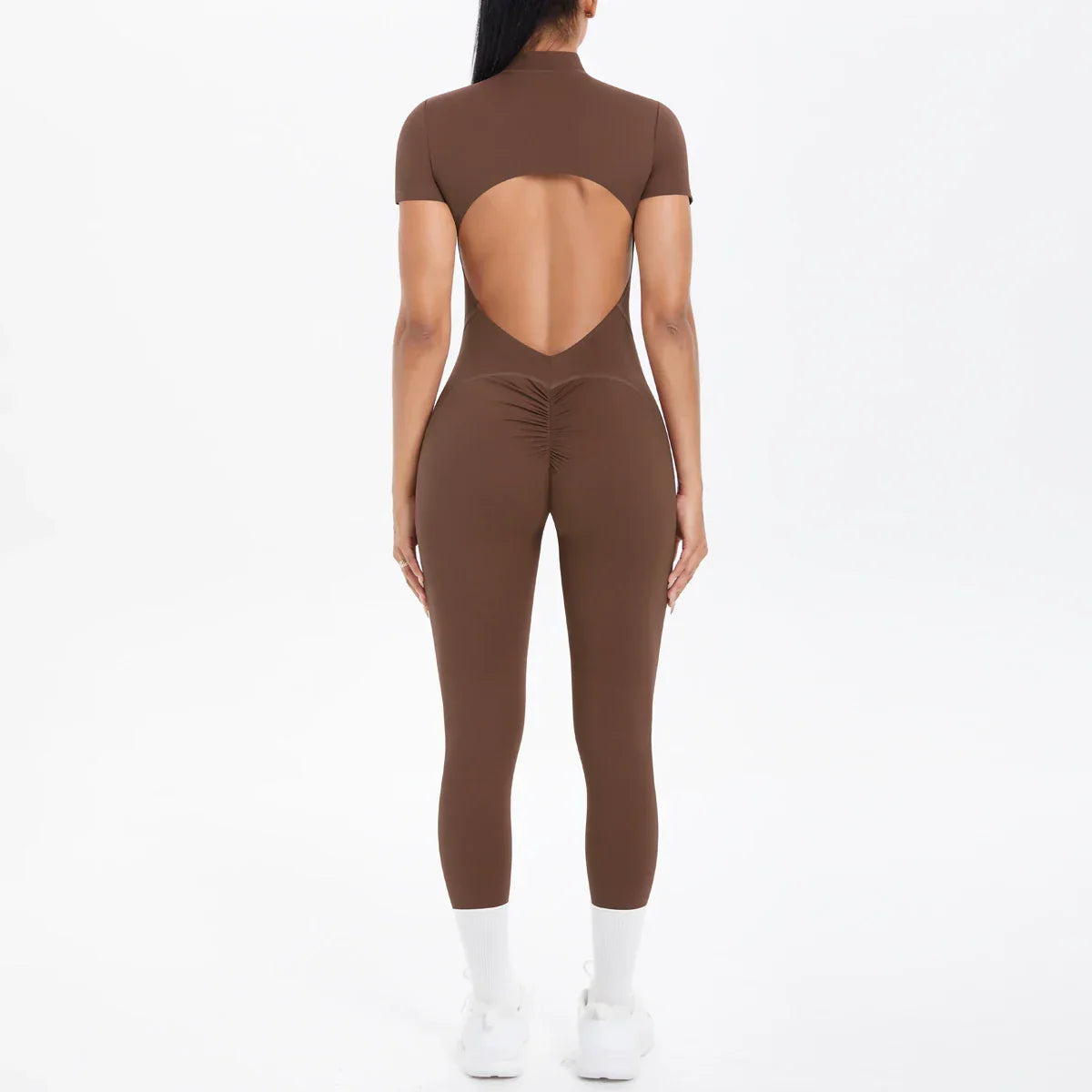 Short Sleeved Fitness Jumpsuit for Woman Bodysuits Backless Solid Color Scrunch One-Piece Suit Half Zipper Gym Yoga Sets Womens