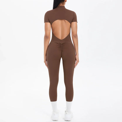 Short Sleeved Fitness Jumpsuit for Woman Bodysuits Backless Solid Color Scrunch One-Piece Suit Half Zipper Gym Yoga Sets Womens