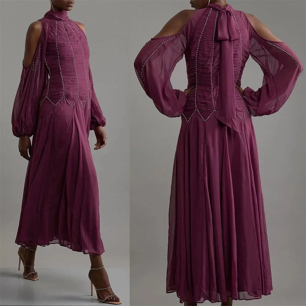 Customized Exquisite Prom Dress Chiffon Pleat Draped Rhinestone A-line High Collar Midi Dresses Occasion Party Gown for Women