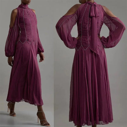 Customized Exquisite Prom Dress Chiffon Pleat Draped Rhinestone A-line High Collar Midi Dresses Occasion Party Gown for Women