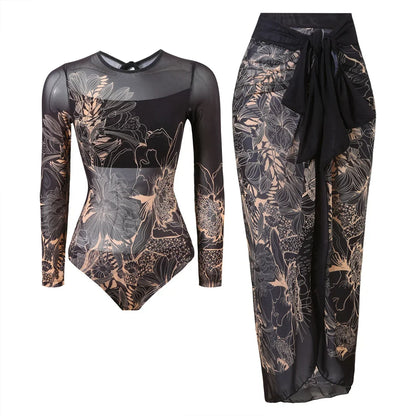 S - XXL Printed Long Sleeve With Sarong One Piece Swimsuit Women Swimwear Female Flowers Padded Bather Bathing Suit Swim V7181