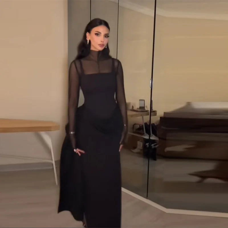 Stylish Lady Mesh See Long Sleeve Splicing Dress Elegant Evening Gown Women's 2026 New Luxury Boutique Club Party Dresses