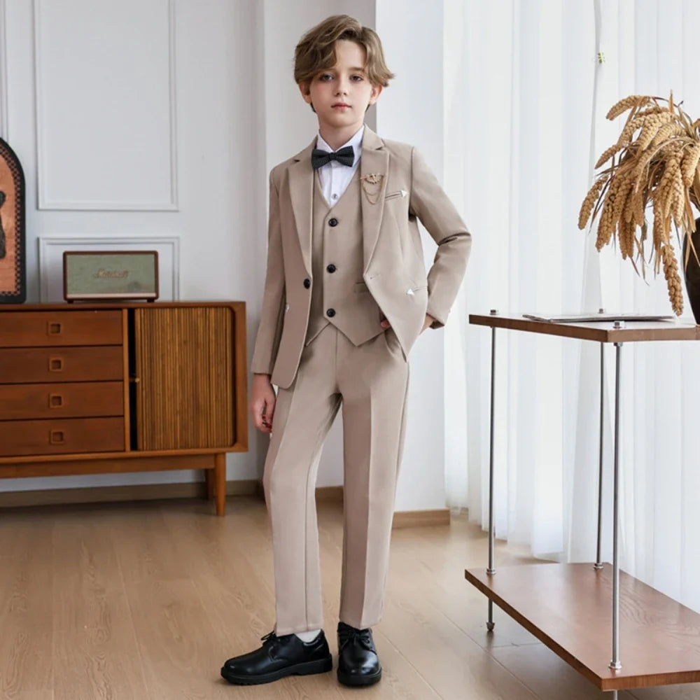 Boys Slim Fit Suit Set 5 Pieces Wedding Ring Bearer Outfit,Notched Lapel Kids Suits Piano Performance Outfit Plus Size 90-170cm