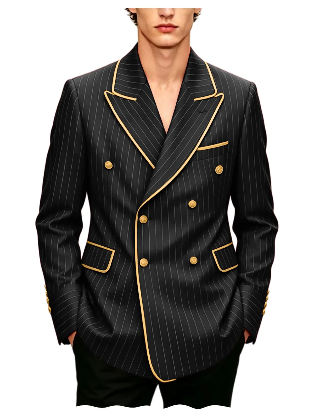 Luxury Men's Pinstripe Blazer Gold Trim Peak Lapel Formal Suit Breathable Lightweight Jacket for Business Party Wedding Coat